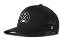 The Haka Hat Philadelphia Performance 5-Panel Hat by Flexfit® features a black design, round front patch with white H, P, I letters and state outline, perforated side panels for breathability, and an H logo accent.