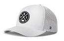 The Haka Hat Philadelphia Performance 5-Panel Hat by Haka Hat features a white design, a black circular PHI logo with intersecting lines, perforated side panels, and a curved brim for style and comfort.