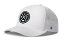 The Haka Hat Pittsburgh Performance 5-Panel Hat | PIT X Flexfit® Snapback is a white, water-repellent hat with a black circular PIT logo and Nebraska outline, side perforations, Flexfit sweatband, and small H logo near the brim.