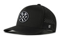 The Haka Hat San Francisco Performance 5-Panel Hat features a black design with a round patch of crossed bridge cables, SF letters, and a California outline, plus vent holes, H logo on the brim, and a Flexfit® sweatband for comfort.