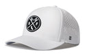 The Haka Hat San Francisco Performance 5-Panel Hat | SF X Flexfit® Snapback features a white design with a round black logo of crossed bridge symbols, "S" and "F", an outline of California, Flexfit sweatband, side perforations, and subtle H logo.