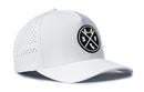 The Haka Hat San Francisco Performance 5-Panel Hat features a black and white circular SF logo, perforated side panels for ventilation, and a comfortable Flexfit® sweatband.