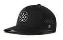 The Haka Hat Seattle Performance 5-Panel Hat | SEA X Flexfit® Snapback is a black hat with a curved brim, circular SEA patch, mesh back with ventilation, H logo, and water-repellent Flexfit sweatband for comfort.