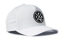 The Haka Hat Tampa Bay Performance 5-Panel Hat by Haka Hat is a white Flexfit® snapback with a perforated back and a round black-and-white TPA logo, featuring crossed lines and a small Florida silhouette.