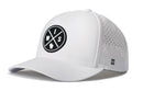 The Haka Hat Wisconsin Performance 5-Panel Hat features a white design, black round WIS logo with state outline on front, perforated sides for ventilation, Flexfit® sweatband, adjustable snapback, and a small H logo on the left side.