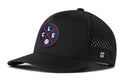 The Haka Hat Cleveland Baseball Performance 5-Panel Hat, a black Flexfit® Snapback, features a curved brim, circular CLE baseball patch, ventilation holes, embroidered H logo, and a comfortable sweatband.