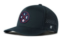 The Haka Hat Cleveland Baseball Performance 5-Panel Hat features a round CLE patch with crossed letters and a baseball, side ventilation holes, a white H logo, and a Flexfit® sweatband for comfort.
