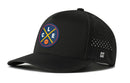 The Haka Hat Cleveland Basketball Performance 5-Panel Hat is a black Flexfit® snapback featuring a circular logo with crossed yellow lines, L, C, E letters, a basketball icon, side ventilation holes, and an H logo near the brim.