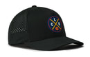 The Haka Hat Cleveland Basketball Performance 5-Panel Hat | CLE X Flexfit® Snapback is a black hat with a round front patch showing crossed yellow lines, "C L E", and a basketball, plus side ventilation holes for comfort.