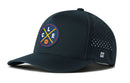 The Haka Hat Cleveland Basketball Performance 5-Panel Hat is a dark blue Flexfit® snapback featuring a circular patch with crossed pickaxes, "L," "C," "E," and a basketball, plus side ventilation holes and an “H” logo.
