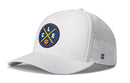 A white Haka Hat CLE X Flexfit® Snapback 5-panel baseball cap featuring a round, colorful Cleveland basketball logo on the front, side ventilation holes, and a small H logo on the left side of the bill.