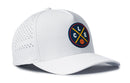 The Haka Hat Cleveland Basketball Performance 5-Panel Hat by Haka Hat is a white Flexfit® snapback with side ventilation, featuring a circular front logo of crossed yellow lines, “L,” “C,” “E” letters, and a small basketball.