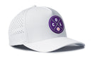 The Haka Hat Colorado Baseball Performance 5-Panel Hat by Haka Hat features a white design, purple circular COL patch with baseball icon, curved bill, side ventilation holes, a Flexfit® sweatband, and snapback closure.
