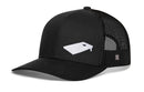 The Haka Hat Cornhole Board Trucker Hat is a black mesh snapback featuring a white embroidered cornhole board—perfect for cornhole fans.