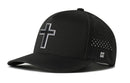 The Haka Hat Cross Performance 5-Panel Flexfit® Snapback in black features a white-outlined black cross front, side vents, water-repellent fabric, and a small H logo near the visor.