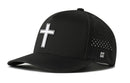 The Haka Hat Cross Performance 5-Panel Hat is a black Flexfit® snapback with a white PVC cross, side perforations for ventilation, water repellent fabric, and a subtle H logo near the back—combining style and function.