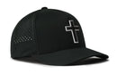 The Haka Hat Cross Performance 5-Panel Hat in black features a white outlined cross, small ventilation holes, and a Flexfit® sweatband. This water repellent PVC Christian snapback offers both comfort and style.