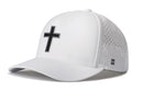 The Haka Hat Cross Performance 5-Panel Hat is a white Flexfit® snapback with a black outlined cross, side ventilation holes, an H logo on the back, curved brim, structured crown, and comfortable sweatband. Brand: Haka Hat.
