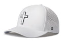 The Haka Hat Cross Performance 5-Panel Hat is a white Flexfit® snapback featuring a black and white cross emblem, black H logo, perforated breathable panels, water-repellent fabric, and comfortable sweatband.