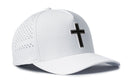 The Haka Hat Cross Performance 5-Panel Hat features a black outlined cross on the front, side ventilation holes, and a Flexfit® sweatband for comfort. This Black PVC Christian Snapback combines faith with performance.