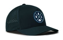 The Haka Hat Dallas Football Performance 5-Panel Hat | DAL X Flexfit® Snapback features a dark design with a circular blue and white DAL logo, ventilation holes on the sides for comfort, and a Flexfit sweatband for a secure fit.