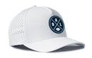 The Haka Hat Dallas Football Performance 5-Panel Hat | DAL X Flexfit® Snapback features a white curved brim, mesh ventilation, a circular DAL football logo in navy, white, and green, plus a Flexfit sweatband for comfort.