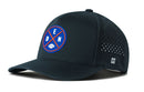 The Haka Hat Denver Football Performance 5-Panel Hat features a black design, circular blue and red DEN football logo, Flexfit® sweatband, ventilation holes, snapback closure, and a small H logo.
