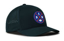 The Haka Hat Denver Football Performance 5-Panel Hat (DEN X Flexfit® Snapback) features a black design, mesh back, circular blue/red/white patch with "DEN," football graphic, and a comfortable Flexfit sweatband.