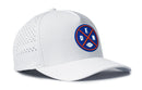 The Haka Hat Denver Football Performance 5-Panel Hat | DEN X Flexfit® Snapback is a white hat with side ventilation holes, a comfy Flexfit sweatband, and a round blue/red patch on the front featuring DEN and a football graphic.