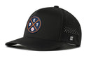 The Haka Hat Detroit Baseball Performance 5-Panel Hat (DET X Flexfit® Snapback) is black, with a round DET logo with crossed bats and a baseball on front, side perforations, and an H emblem.