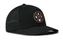 The Haka Hat Detroit Baseball Performance 5-Panel Hat features a round patch with crossed bats, DET lettering, a baseball on the front, side ventilation holes, and Flexfit® snapback.