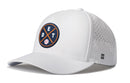 The Haka Hat Detroit Baseball Performance 5-Panel Hat | DET X Flexfit® Snapback is a white baseball hat featuring a circular DET logo, side ventilation holes, and a black H logo near the brim.