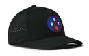 The Haka Hat Detroit Basketball Performance 5-Panel Hat features a black design, Flexfit® sweatband, ventilation holes, and a circular blue and red DET basketball patch on the front.
