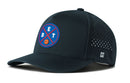 The Haka Hat Detroit Basketball Performance 5-Panel Hat features a blue, red, and white circular DET logo with basketball center, perforations for breathability, Flexfit® sweatband for comfort, and an H logo by the brim.