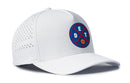 The Haka Hat Detroit Basketball Performance 5-Panel Hat features a white design with a round blue, red, and black "DET" patch and orange basketball, water repellent fabric, Flexfit® sweatband, and perforated vented back panel.