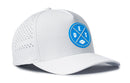 The Haka Hat Detroit Football Performance 5-Panel Hat features a white design, perforated side panel, blue DET logo with football icon, and Flexfit® sweatband for comfort. Branded as DET X Flexfit® Snapback by Haka Hat.