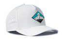 The Haka Hat Diamond Mountain And Trees Performance 5-Panel Hat by Haka Hat is a white Flexfit® snapback with a colorful mountain, trees, and sun patch, side ventilation holes, a curved bill, and a comfortable sweatband.