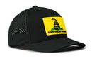 The Haka Hat Dont Tread On Me 5-Panel Hat features a yellow Gadsden Flag patch with a coiled rattlesnake and DONT TREAD ON ME in black, plus mesh side ventilation for comfort. Flexfit® Snapback by Haka Hat.