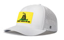 The Haka Hat Dont Tread On Me 5-Panel Hat is a white Flexfit® Snapback featuring a yellow Gadsden Flag patch with a coiled rattlesnake, “DONT TREAD ON ME” in black, side H logo, and small ventilation holes for comfort.