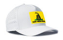 The Haka Hat Dont Tread On Me 5-Panel Hat is a white Flexfit® snapback featuring a yellow Gadsden Flag patch with a coiled rattlesnake and “DONT TREAD ON ME” in black, plus water-repellent construction.