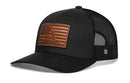 The Haka Hat Dont Tread on Me American Flag Trucker Hat is a bold black snapback with mesh back and a brown Gadsden leather patch featuring a flag and coiled snake—perfect for making a statement.
