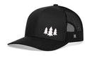 The Haka Hat Three Pine Trees Trucker Hat is a black outdoors snapback featuring a mesh back and three white pine trees—ideal for everyday outdoor wear.