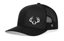 The Haka Hat Buck Antler Trucker Hat is a black snapback featuring a curved brim, mesh back, and white embroidered antlers logo—a must-have from Haka Hat for any trucker hat fan.