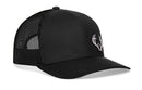 The Haka Hat Buck Antler Trucker Hat features a black snapback design with a mesh back and a white buck antler logo—a classic Haka Hat signature style.