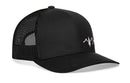 The Haka Hat Pine Tree with Mountains Trucker Hat, a black outdoors snapback by Haka Hat, featuring a white embroidered mountain and pine tree logo, is displayed against a white background.
