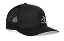 The Haka Hat Mountains with Pine Tree Trucker Hat by Haka Hat is a black outdoors snapback featuring a curved bill and white embroidered mountain design, displayed on a white background.