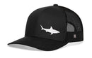 The Haka Hat Shark Trucker Hat is a black snapback featuring a bold white shark logo on the front and breathable mesh sides—perfect as your go-to beach snapback from Haka Hat.