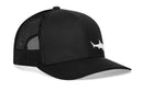 The Haka Hat Shark Trucker Hat by Haka Hat is a black beach snapback featuring a mesh back and a white embroidered hammerhead shark design on the front panel.