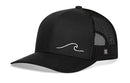 The Haka Hat Wave Trucker Hat | Black Beach Snapback features a bold white wave design on the front and breathable black mesh sides and back.