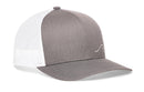 The Haka Hat Wave Trucker Hat in gray and white features a curved brim, white mesh back, a wave logo on the front left, and an adjustable snapback for the perfect fit. Brand: Haka Hat. Style: Gray-White Beach Snapback.